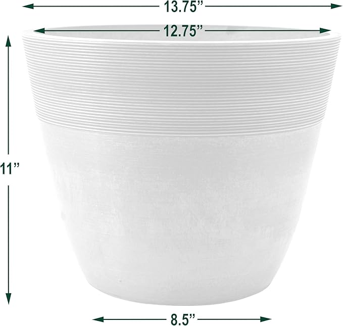 PSW Pot Collection FM35TP 14-inch Plastic/Stone/Wood Composite Large Ribbed Planter – No Drainage Hole (Drillable), Indoor/Outer Garden Pot for Foliage, Trees, Flowers, Ferns, Taupe
