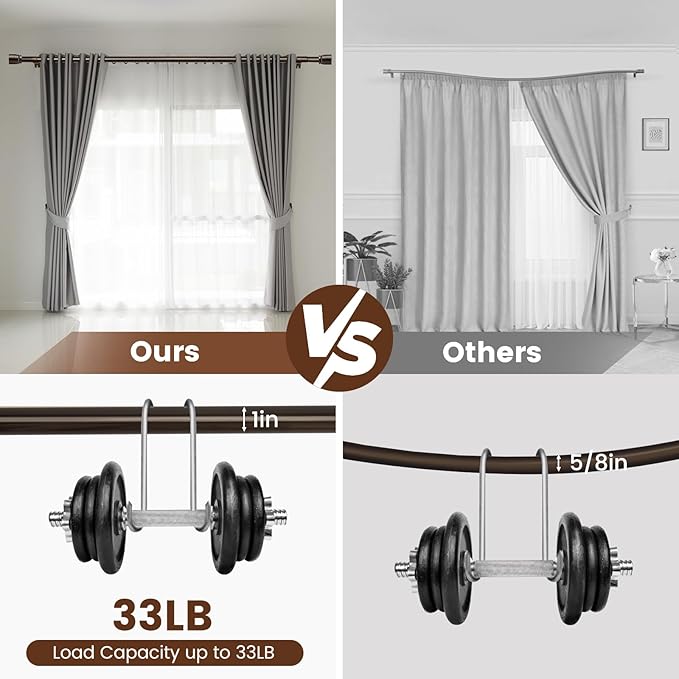 1” Diameter brown curtain rod Itself is 30 to 60 inch. 1 Pack Fits 30-54 inch Windows with Heavy Duty Adjustable brown curtain rods Splicing Metal Extra Long Curtain Rod