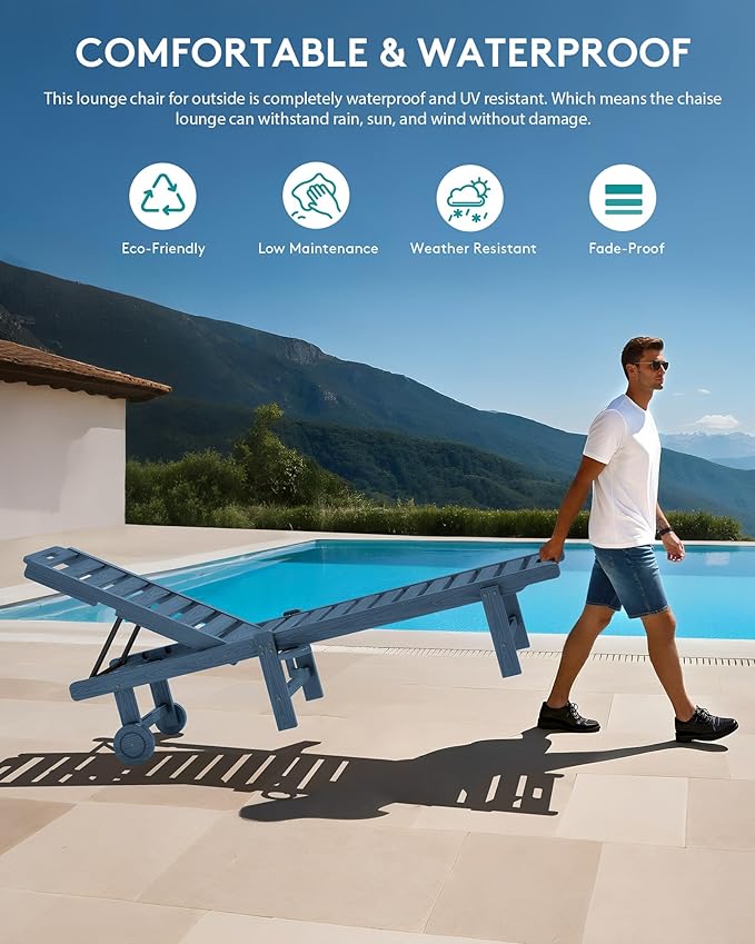 SERWALL Patio Chaise Lounge Chair Set of 4, HDPE Outdoor Lounge Chair with Cup Holder, 5 Positions Adjustable Poly Lounger with Rolling Wheels for Poolside, Deck, Sunbathing, Blue