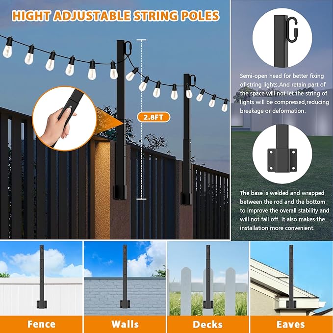 AILBTON 8 Pack 2.8Ft String Light Poles,Light Poles for Outside String Lights,Outdoor Light Poles with Fence Bracket,Metal Pole Stand for Patio,Backyard,Deck