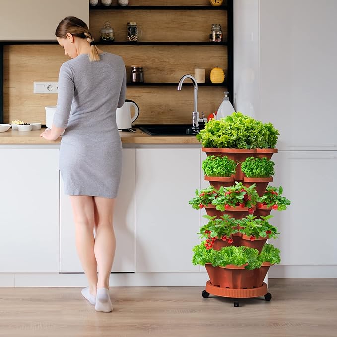 Strawberry Vertical Planter, 5 Tiered Stacking Garden Tower, Stackable Herb Vegetable Planters with Support Pole Indoor and Outdoor - Terra Cotta