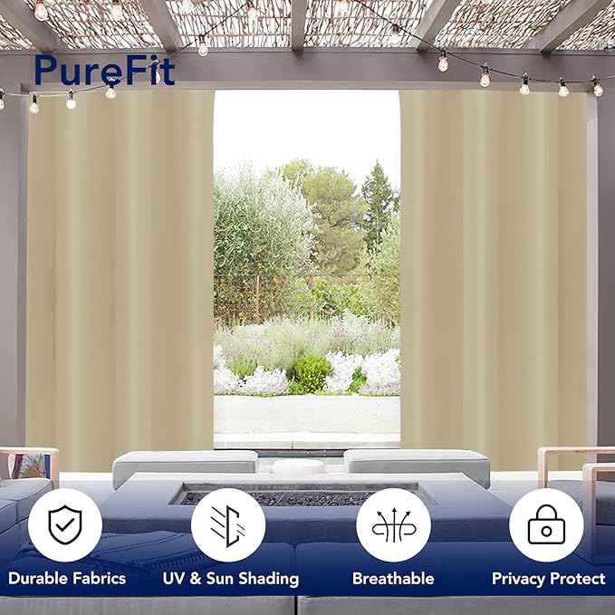PureFit Outdoor Curtains for Patio Waterproof Weatherproof, UV Resistant Outside Curtains for Gazebo, Front Porch, Pergola, Sun Blocking Privacy Curtain, 52W x 95L inch, Set of 2, Beige