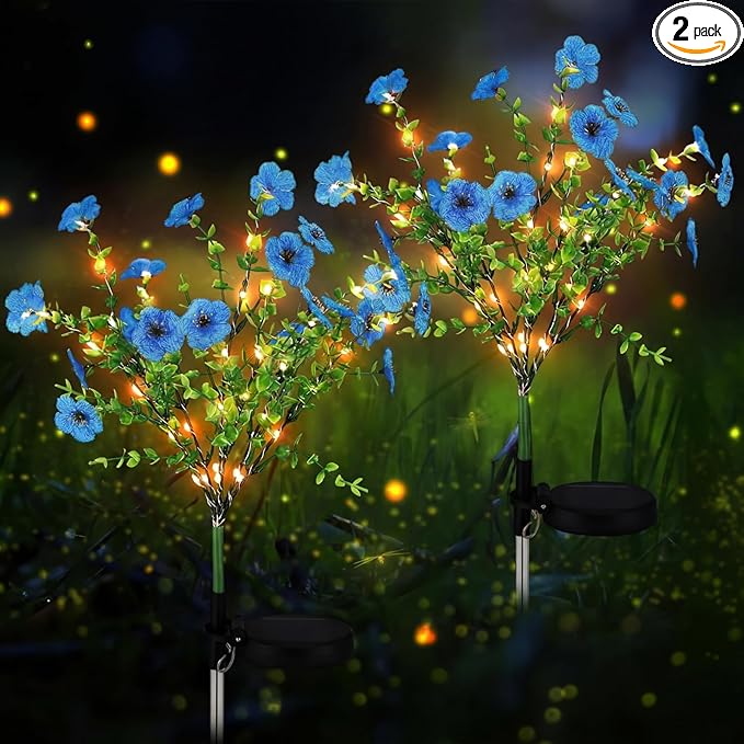 2 Pack Solar Stake Lights Outdoor Decor Waterproof Mums Artificial Flowers Solar Lights for Outdoor Garden Yard Pathway Decor (Blue,Violet)