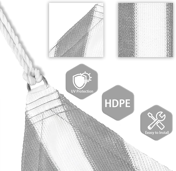 Patio Paradise 14' x 14' x 14' Sun Shade Sail Triangle Canopy Shade Cloth Fabric Sunlight Block Patio Pergola Cover HDPE Deck Awning for Outdoor Backyard Roof Shading, Gray White Strip