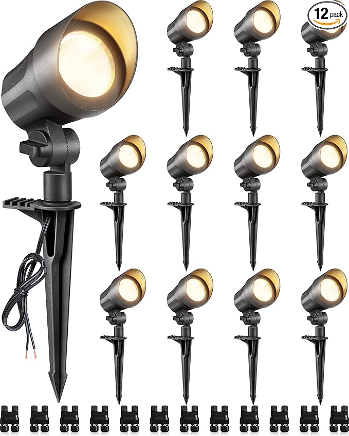 SUNVIE 6W Low Voltage Landscape Lights LED Low Voltage Lighting Warm White Landscaping Lights Waterproof Landscape Spotlights with Connectors Spot Lights Outdoor for Garden Tree Wall Yard, 12 Pack