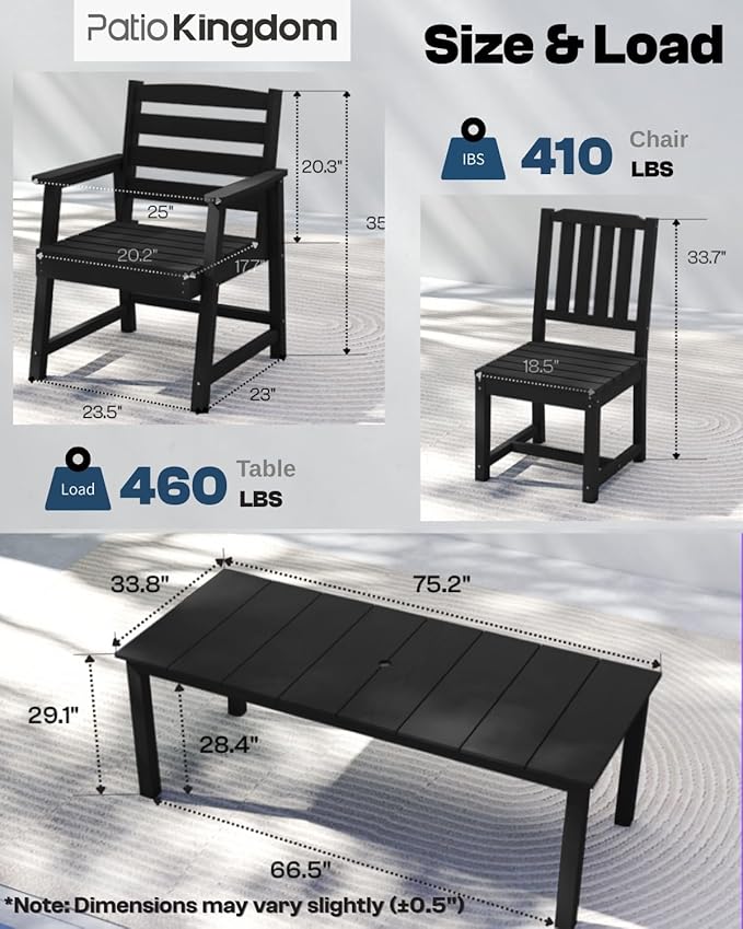 5-Piece Black Outdoor Dining Set with White 15FT Large Patio Umbrella, 75.2'' HDPE Table & Chairs for 8, Weather-Resistant Furniture with Umbrella Hole for Patio, Lawn, Poolside