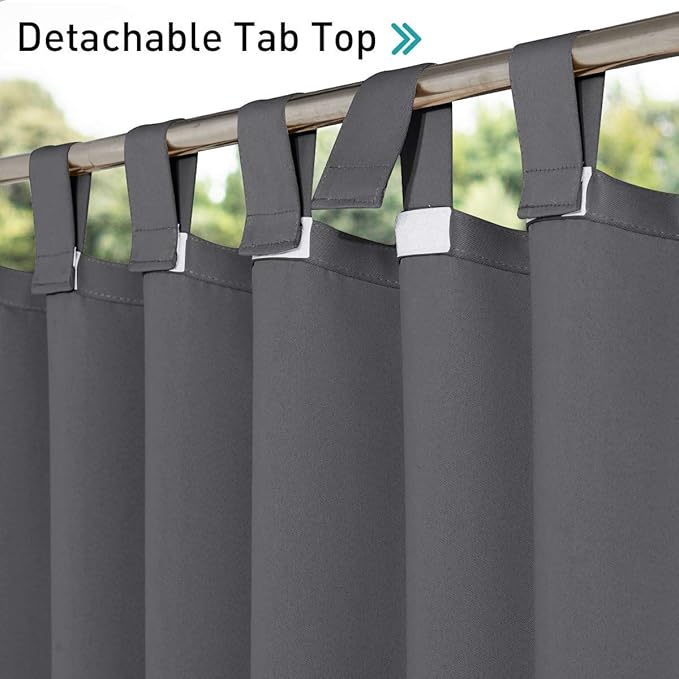 NICETOWN Outdoor Curtain for Patio Waterproof 95 inch Length, Sticky Tab Top Thermal Insulated Blackout Window Treatment Divider Protect Privacy for Cabana/Arbor, 1 Piece, W52 x L95, Grey