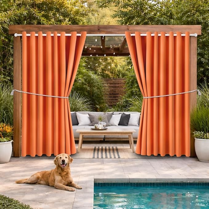 Waterproof Outdoor Curtain W105 x L84 - Grommet Top Sunlight Blocking Window Treatment Drapes Blackout Curtains for Home Bedroom Living Room Outdoor Patio Porch Gazebo (Orange, 2 Panels)