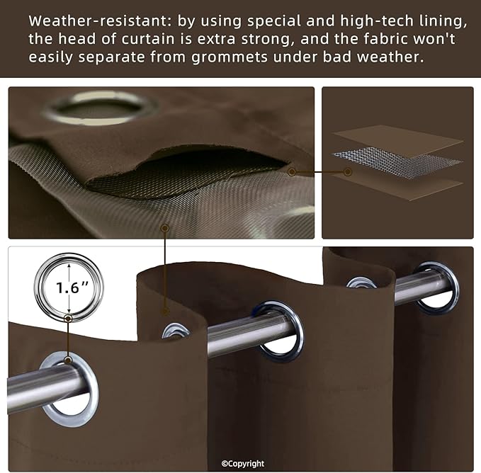 Water Proof Outside Curtains with Grommet Top for Porch, Thermal Insulated Washable Light Block Outdoor Divider Drapes for Patio Gazebo Deck Pool Area Pergola Cabana (W84 x L95, Brown, 2 Panels)