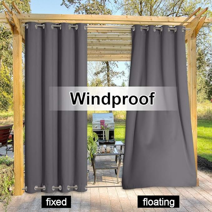 NICETOWN Outdoor Curtain Sunblock with Silver Rustproof Grommets Top and Bottom, Windproof Thermal Insulated Blackout Outdoor Curtain/Drape Protect Privacy for Patio, Single Piece, W52 x L95, Grey