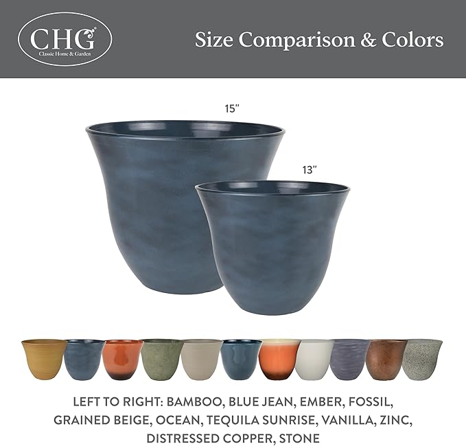 Classic Home and Garden Honeysuckle Resin Planters - Lightweight Indoor & Outdoor Plant Pots - UV-Resistant Plastic Flower Pots - Pot Planters for Flowers & Herbs (15" Ocean Blue)