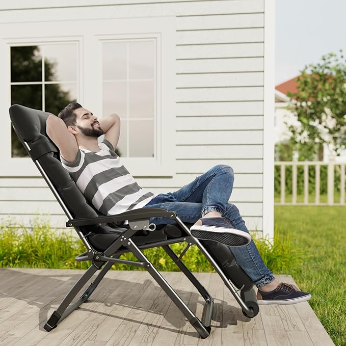 UDPATIO Oversized Zero Gravity Chair 29In XL Patio Reclining Chair with Cushion, Outdoor Folding Recliner with Pillows|Cup Holder|Foot Rest|Padded Headrest, Brown, Support 500LB