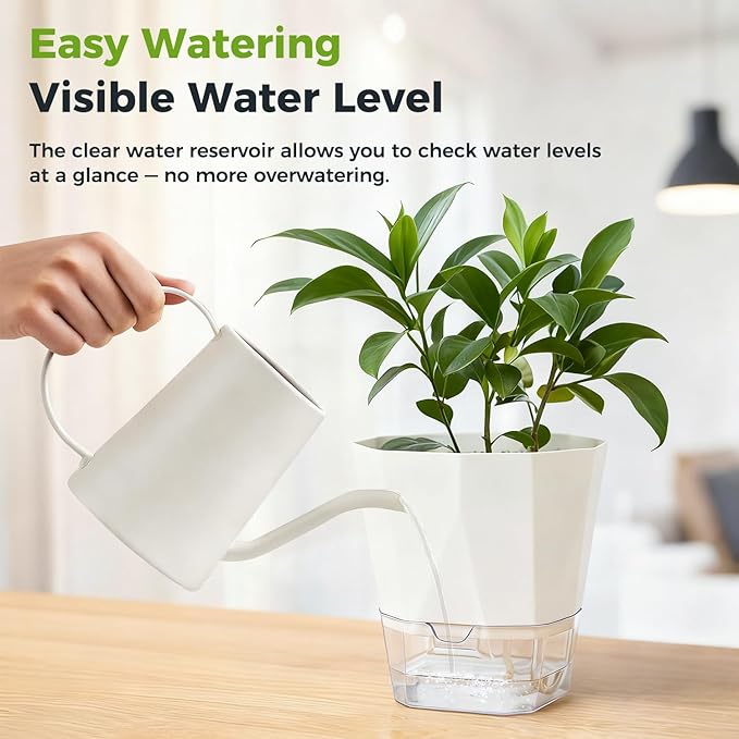 2 Pack Self Watering Pots for Indoor Plants, 8.4 Inches Self Watering Planters Large African Violet Self Watering Clear Pots for Plants Large Herb Orchid Flower Houseplant Pots, White