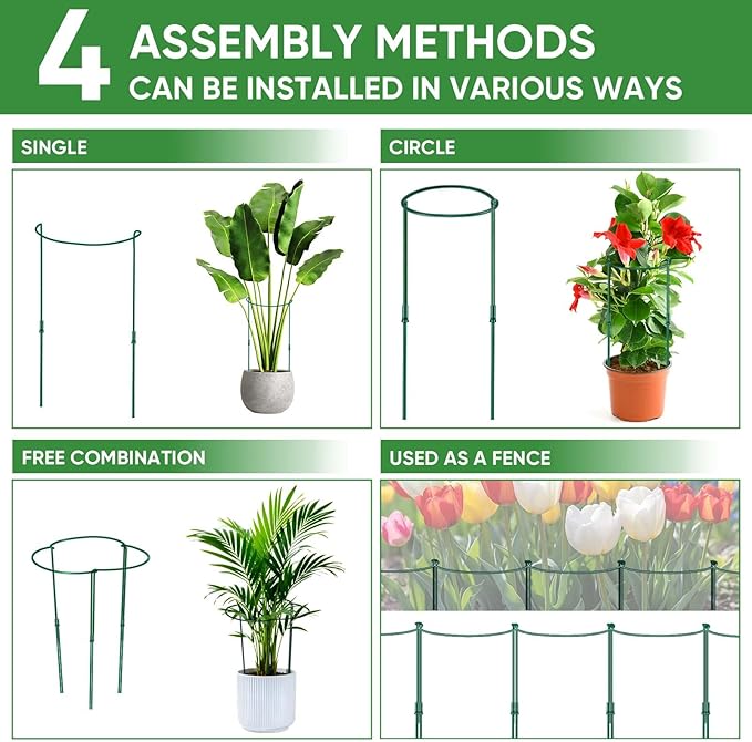 8 Pack 32 or 16 inch Adjustable Plant Support Stakes, Heavy-Duty Half Round Peony Support, Garden Plant Stakes Cage for Outdoor Plants, Peony, Tomato, Hydrangea, (16In Support +16In Extension Tubes)