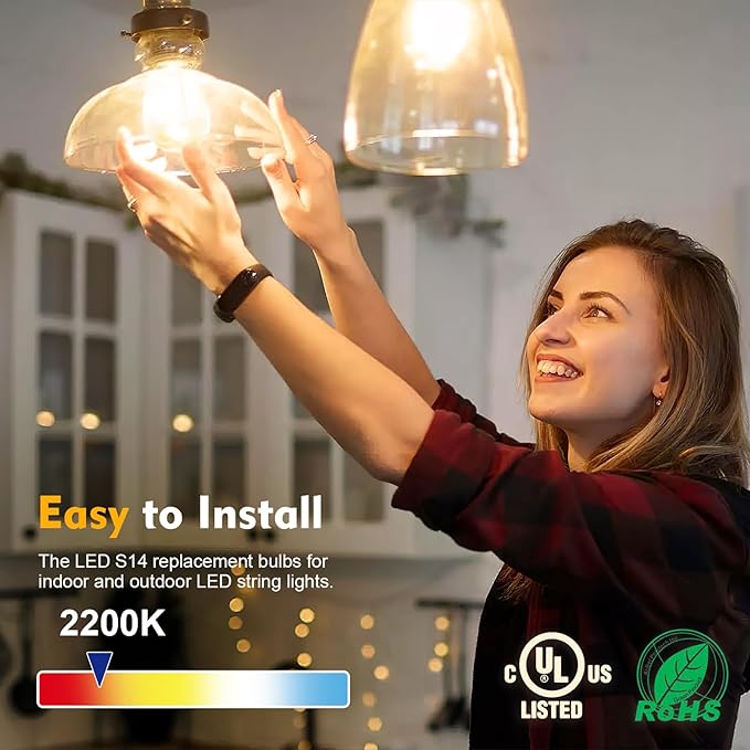 48 Pack LED S14 Replacement Light Bulbs, Shatterproof Outdoor 1 Watt to Replace 11Watts String Incandescent Bulb, Dimmable, E26 Regular Medium Screw Base, 2200K Warm White