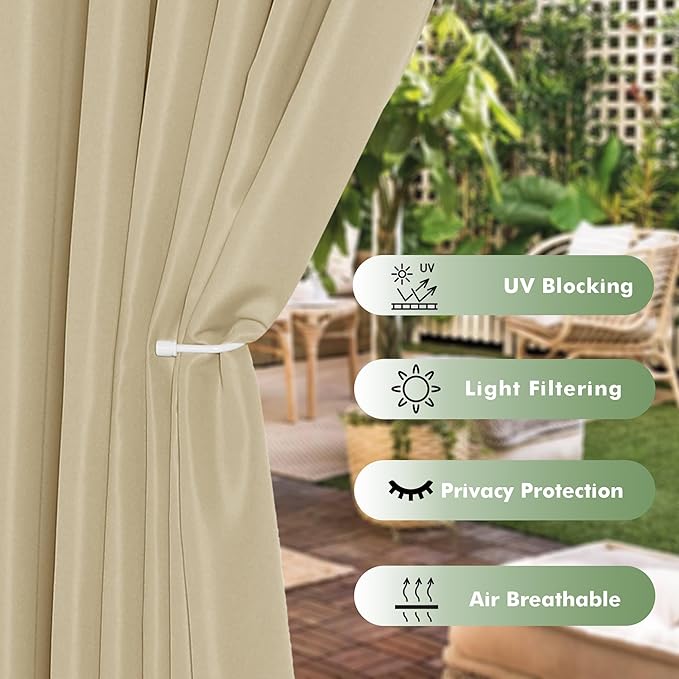 HolidayIdeas Waterproof Outdoor Curtains for Patio, 6 Panels - 54x108 Inches - Weatherproof Privacy Outsides Curtains for Backyard Porch Gazebo, Sunlight & UV Blocking (Cream, Grommet Top)