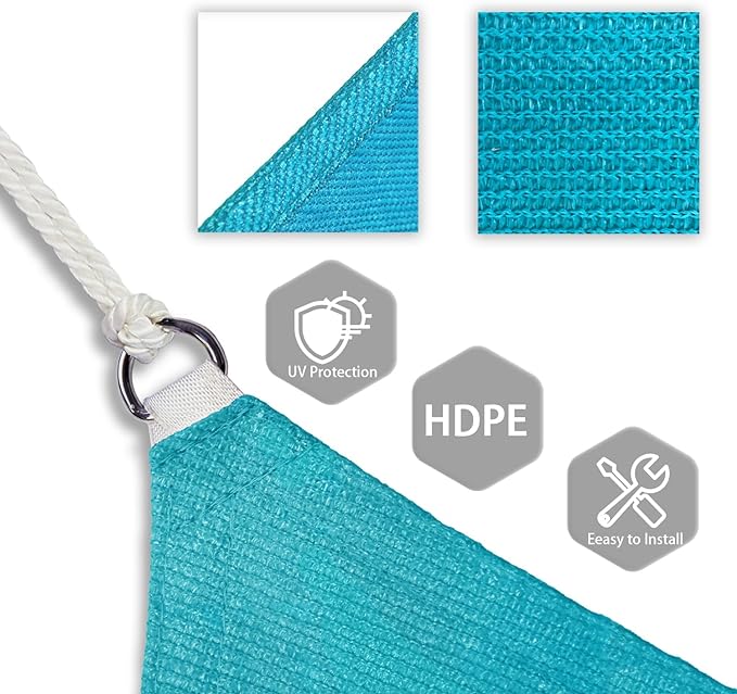 Patio Paradise 22' x 22' x 22' Sun Shade Sail Triangle Canopy Shade Cloth Fabric Sunlight Block Patio Pergola Cover HDPE Deck Awning for Outdoor Backyard Roof Shading, Turquoise