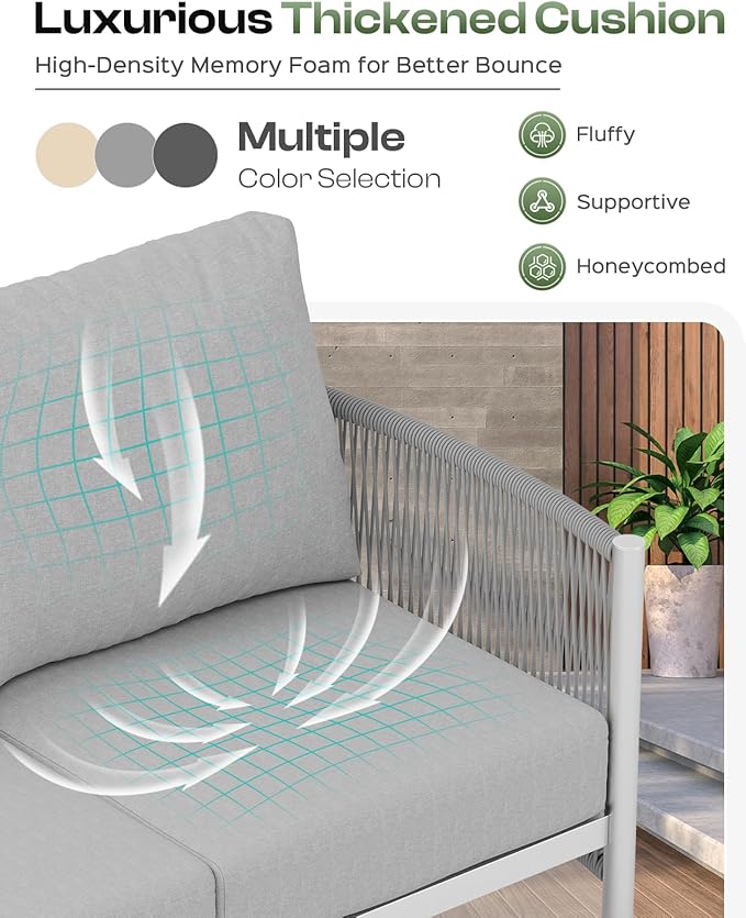 Aluminum Outdoor Patio Furniture Set with Dual-Layer Coffee Table, 5 Piece Modern Patio Conversation Sets with PE Rope, Outdoor Sectional Sofa with Thick Cushions for Balcony, Deck, Silver