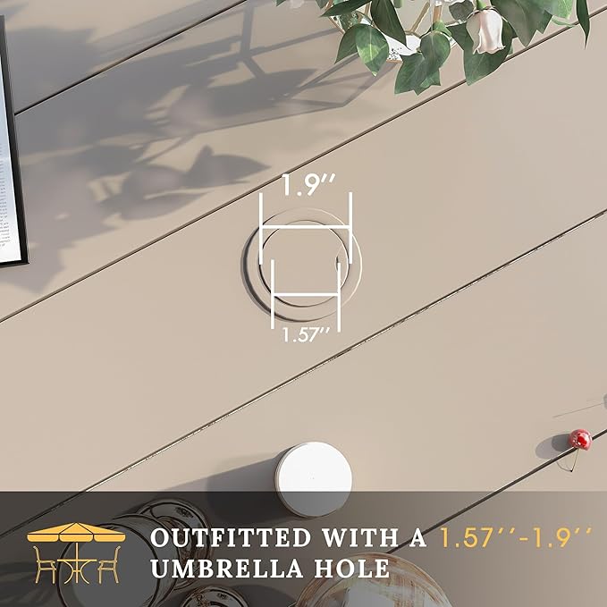 VICLLAX 63" Outdoor Round Patio Table with Umbrella Hole, All Weather Metal Round Outdoor Dining Table for Lawn Garden, 8-10 Person Table, Sandshell