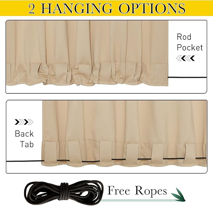 NICETOWN 2 Panels Biscotti Beige Privacy Outdoor Curtains for Patio, Waterproof Thermal Insulated Grommet & Back Tab on Top and Bottom Windproof Drapes with Fixed Rope for Porch, W52 x L120