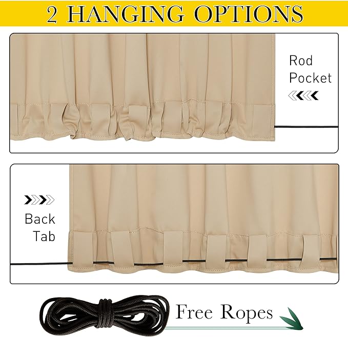 NICETOWN 2 Panels Outdoor Patio Curtains Windproof & Waterproof, Top & Bottom Grommet & Back Tab Light Blocking Drapes Keep Privacy for Yard/Porch with Ropes for Fixed, Biscotti Beige, W52 x L72