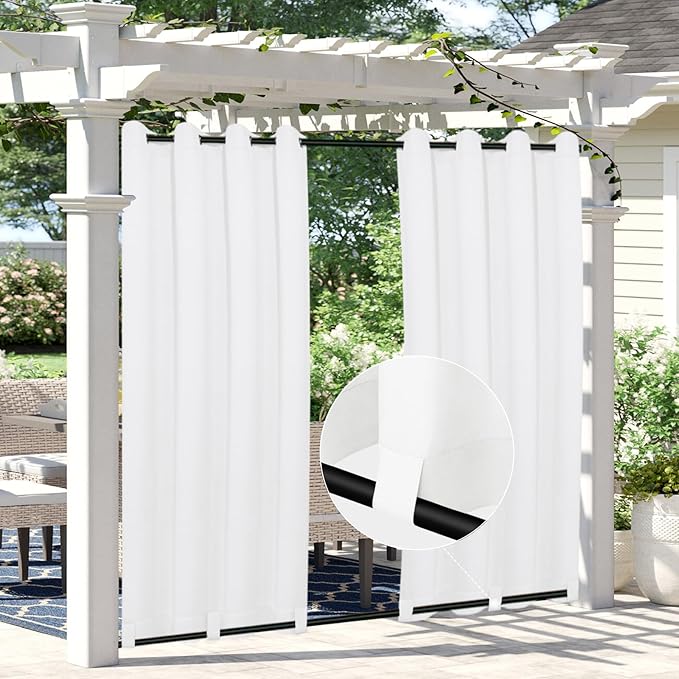 Easy-Going Linen Look Outdoor Curtains Waterproof Windproof Porch Curtains, Soft Thicken Outdoor Privacy Curtains for Patio, Gazebo, Grommet Top and Tab Bottom Drape, 1 Panel, 54x84 inch, White