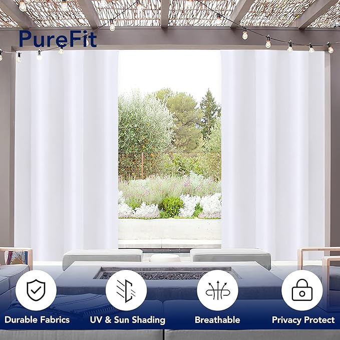 PureFit Outdoor Curtains for Patio Waterproof Weatherproof, UV Resistant Outside Curtains for Gazebo, Front Porch, Pergola, Sun Blocking Privacy Curtain, 52W x 108L inch, 1 Panel, White