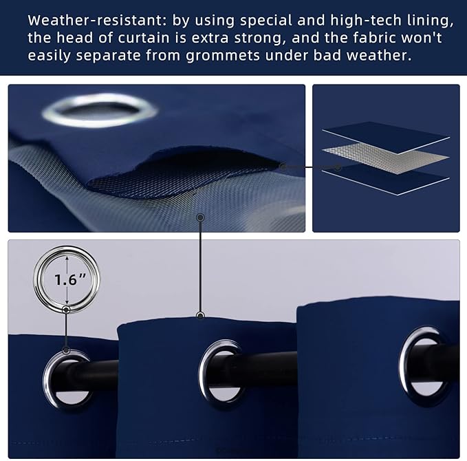 Waterproof Outdoor Curtain W105 x L95 - Grommet Top Sunlight Blocking Window Treatment Drapes Blackout Curtains for Home Bedroom Living Room Outdoor Patio Porch Pergola Cabana Gazebo (Navy)
