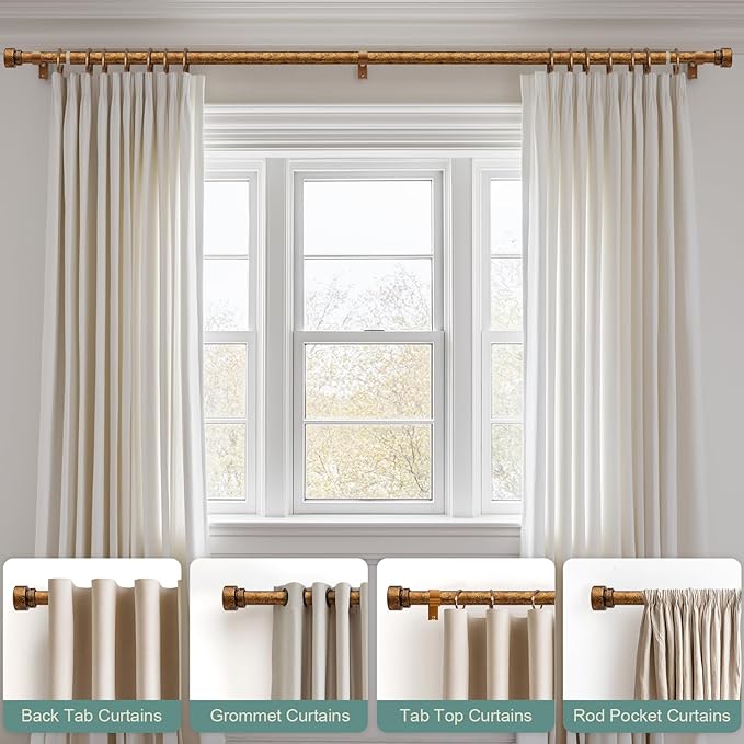 Retro Gold Curtain Rods for Windows 66 to 120 Inches Adjustable Length Heavy Duty 1" Diameter Window Curtain Rod with Decorative Finials for Outdoor Bedroom Kitchen Living Room Farmhouse