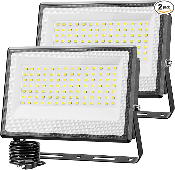 Olafus 2 Pack 150W LED Flood Light Outdoor, 15000LM Super Bright Work Lights Plug in, 6500K, IP66 Waterproof Exterior Floodlight for Stadium Yard Barn