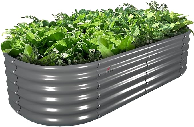 A ANLEOLIFE 6X2X1.5 ft Galvanized Raised Garden Beds Outdoor, Oval Round Metal Planter Box for Planting Vegetables Flowers Herb, Anti-Rust & Easy-Setup, Quartz Grey