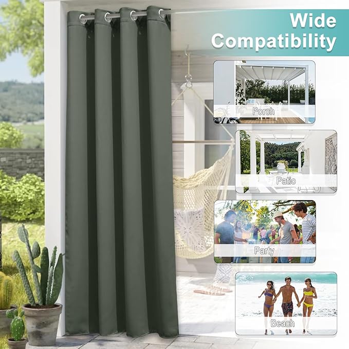NICETOWN Outdoor Curtains for Patio Waterproof Extra Wide 84", 2 Panels Sun Blocking Vertical Blinds Thermal Insulated Stainless Grommet for Front Porch/Gazebo/Pergola, Sage Green, 84" Long