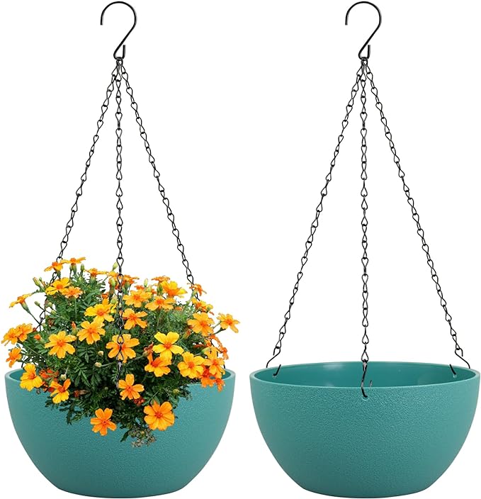 8 inch Small Hanging Planters Plant Pots for Indoor Outdoor Plants, 2 Pack Hanging Flower Pots with Drainage Holes and Chain for Garden, Plastic Hanging Baskets for House Plants, Blue Green