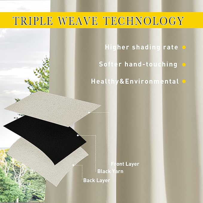 NICETOWN 2 Panels Weighted Outdoor Curtains for Patio Waterproof, Thermal Insulated Grommet & Back Tab on Top & Bottom Windproof Sun Blocking Draperies for Gazebo with Fixed Rope, Beige, W66 x L84