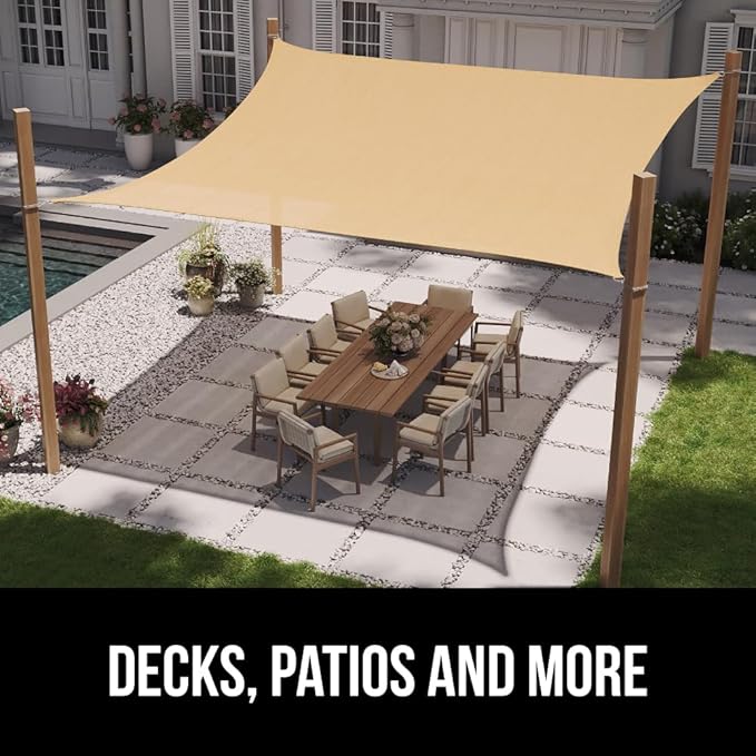 GORILLA GRIP Heavy Duty Sun Shade, UV Protection Fade Tear and Rust Resistant Rectangle Sunshade Canopy, Curved Edges Blocks Sunlight, Breathable Sail, Outdoor Patio, Lawn Garden 10x10 FT Sand