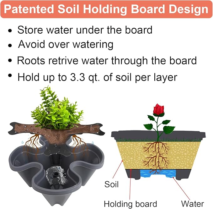 DUNCHATY Stackable Planter, Vertical Strawberry Planter with Garen Tool Set, Self Watering Garden Planter Indoor/Outdoor 5 Tier Herb Planter Pots for Growing Vegetables and Succulents, Dark Gray