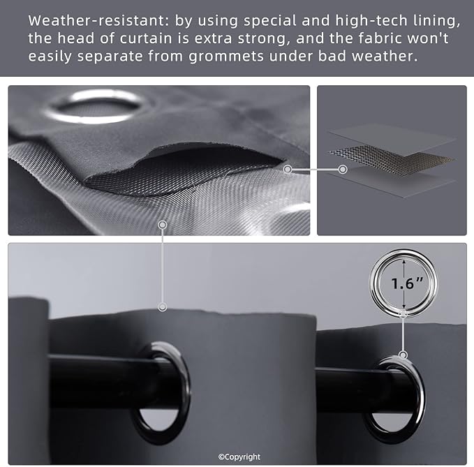 Outdoor Indoor Curtains W84 x L108 for Patio - Weather-resistant Window Panels Privacy Protect Grommet Top Thermal Insulated Home Curtain for Porch Pergola Lawn Garden Hot Tub Area (Gray, 2 Panels)