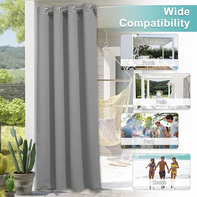 NICETOWN Outdoor Curtain for Patio Waterproof 108" Length Public Divider, Rust-Proof Grommet Blackout Thermal Insulated Privacy Outdoor Drape for Cabana/Porch, Silver Grey, 84" Wide, 1 Piece