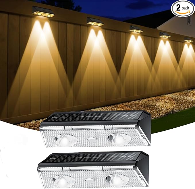 Solar Fence Lights Outdoor, 2 Pack IP65 Waterproof Fence Lights Solar Powered with Ultra-Bright LED Lens, 9 Color Modes, 12+ Hours Steady Glow for Deck/Backyard/Patio/Pool/Wall - Black