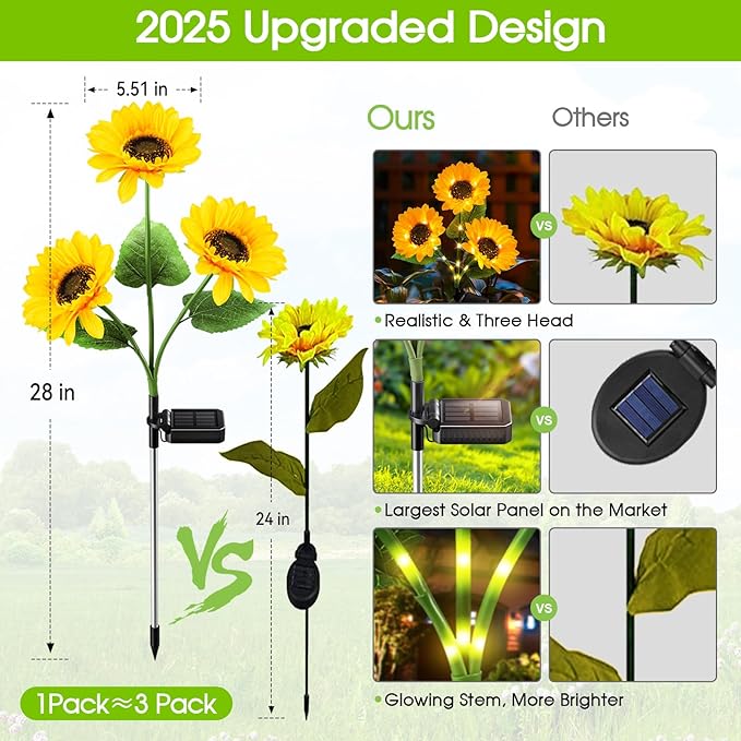 KOOPER Solar Lights Outdoor Decor - 6 Pack Solar Garden Lights with 18 Sunflower Lights, Auto ON/Off, Waterproof for Garden, Patio, Backyard