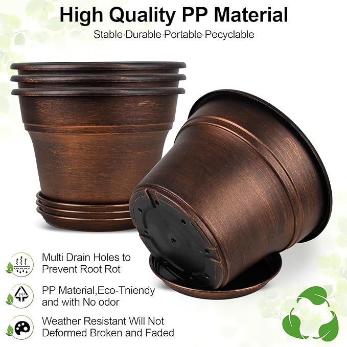 Plant Planters Pots Set of 6 Pack 6 Inch, Plastic Flower Pot For Indoor Plants With Drainage Holes & Trays, Resin Decorative Container Sets With Saucer For House Outdoor Garden Planters Dark Gold