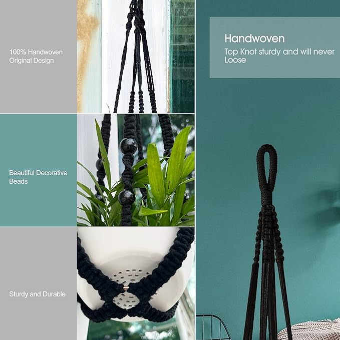 RIFNY Macrame Plant Hanger for 5 to 10 Inch Plant Pots, 35 Inch Indoor Handmade Woven Rope Hanger Kits with Hooks and Wood Beads, Hanging Planter Basket Holder for Boho Home Decor (Black, 3 Pack)