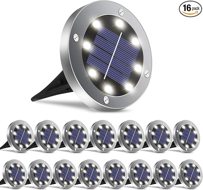 Solar Ground Lights 16 Packs, Garden Solar Outdoor Waterproof Pathway Bright In-Ground Landscape Lights for Patio, Lawn, Yard, Driveway, Step and Walkway White Light