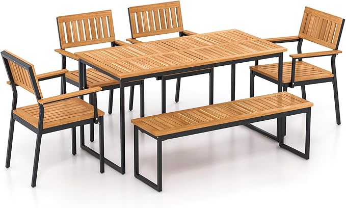 Tangkula 6 Pieces Outdoor Acacia Wood Dining Set, Patio Table and Chairs Set with Bench for 6-7 People, Outdoor Dining Furniture Set with 2" Umbrella Hole for Garden, Backyard and Poolside