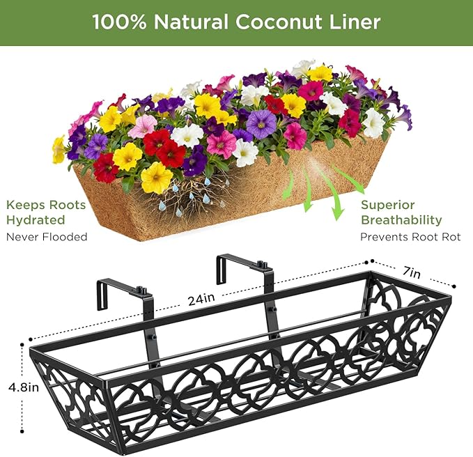 Y&M 24in Window Planter Box 4Pcs Iron Railing Planter with Coco Liner for Outdoor Balcony Rail, Fence, Porch, Patio