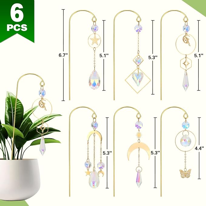 Crystal Suncatcher, 6 Pack Garden Suncatchers Small Trellis for Potted Plants Indoor Plant Trellis Sun Catchers Decoration for Garden Home Window