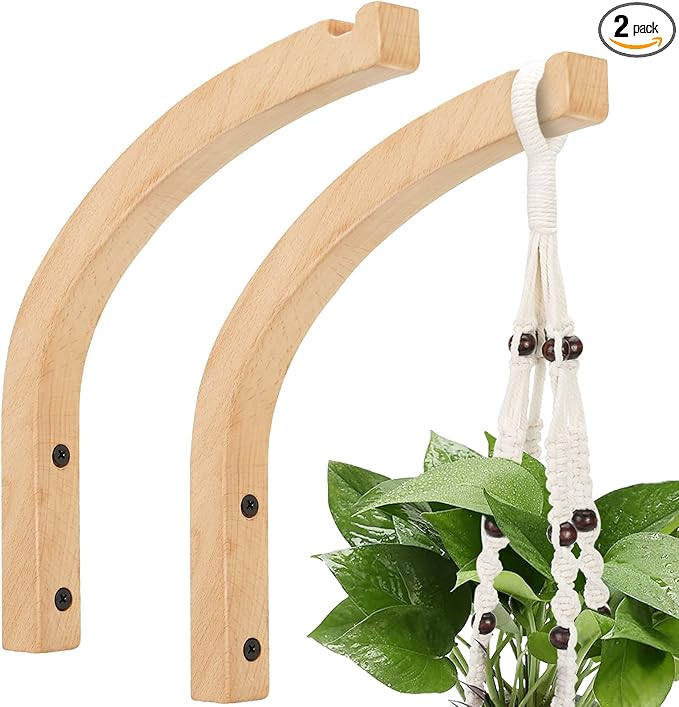 Wooden Wall Hooks for Plants - 8 Inch Indoor Plant Hangers, 2 Pack Decorative Wood Wall Hooks for Hanging Planters, Lanterns, Wind Chimes & Garden Decor (Natural Wood, Heavy Duty)