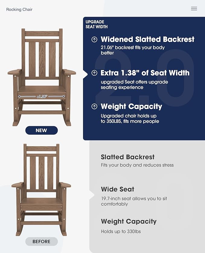 KINGYES Oversized Outdoor Rocking Chair Set of 2, All-Weather Patio Rocking Chairs for Porch, HDPE Outdoor Patio Rockers with High Back & Wide Seat for Garden, Lawn, Brown