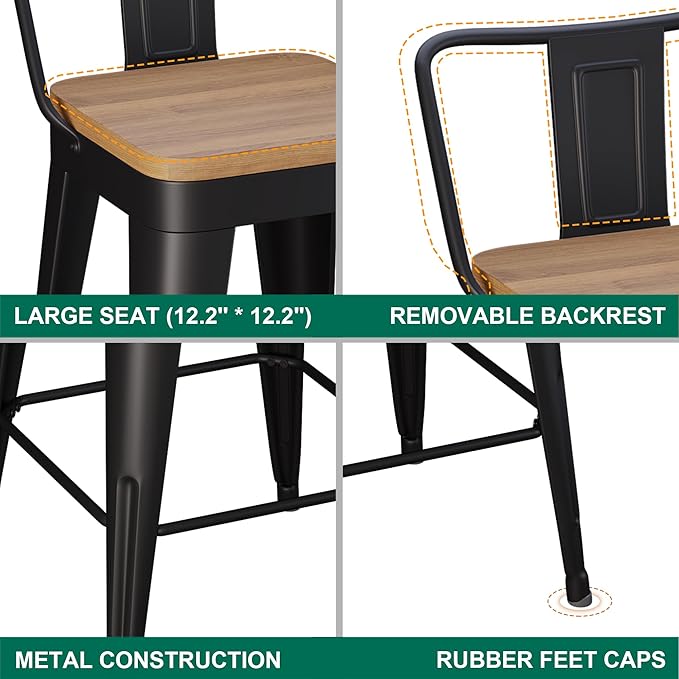 WENTMENT Metal Bar Stools Set of 4 Counter Height Barstools with Removable Back 26" Kitchen Bar Stools with Wooden Seat, Black