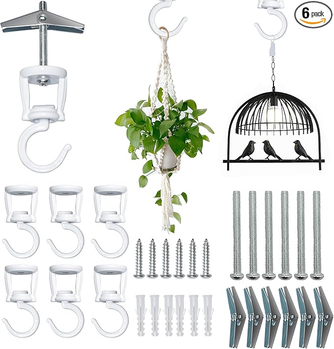 ONIKK Ceiling Hooks for Hanging Plants (6 PCS White), Heavy Duty Metal Plant Hooks, Screw in Hooks for Hanging Birdfeeders, Lamps, Planters, Indoor Outdoor Wall Baskets Hooks up to 33 lbs